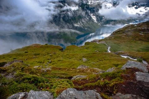 The summer view of trolltunga in odda, ringedalsvatnet lake, norway Stock Photos
