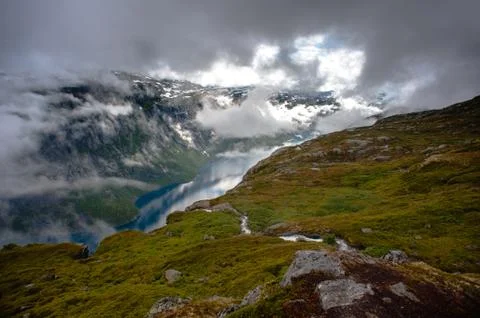 The summer view of trolltunga in odda, ringedalsvatnet lake, norway Stock Photos