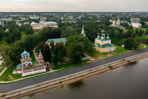 Summer view of Uglich overlooking Kremlin cathedrals on Volga river Stock Photos