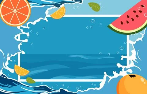 Summer Water Line Frame Background with Watermelon in Beach Sea Ocean Stock Illustration