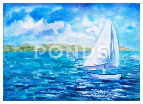 Summer Watercolor Landscape: Small Tall Ship with White Sail Stock Illustration