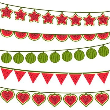 Summer Watermelon Garland Set with Hearts, Stars and Hanging Fruits Ilustración de archivo