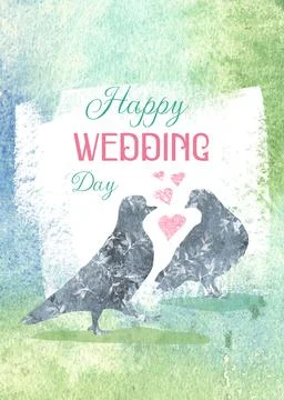 Summer wedding vertical design with a couple of birds in the park and hearts Ilustração Stock