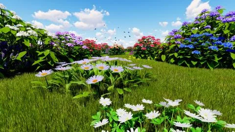 Summer wildflowers on meadow 3d rendering Illustrazione stock