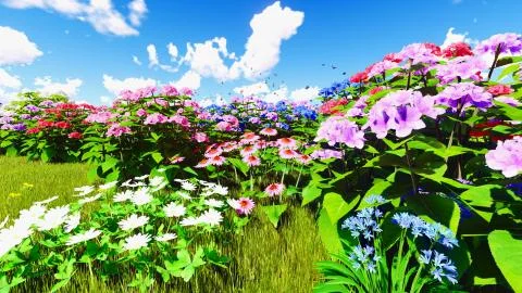 Summer wildflowers on meadow 3d rendering Stock Illustration