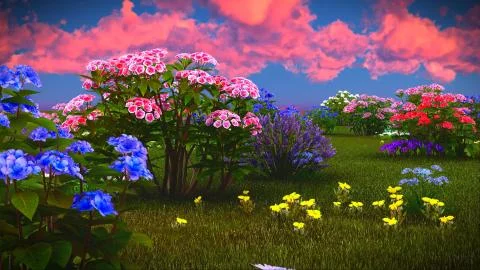 Summer wildflowers on meadow 3d rendering Stock Illustration