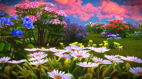 Summer wildflowers on meadow 3d rendering Stock-Illustration