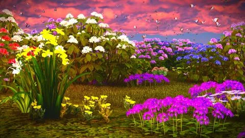 Summer wildflowers on meadow 3d rendering Stock Illustration