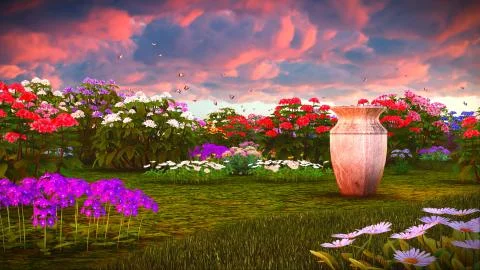 Summer wildflowers on meadow 3d rendering Stock-Illustration