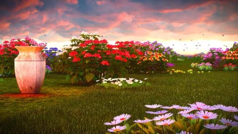 Summer wildflowers on meadow 3d rendering Stock Illustration