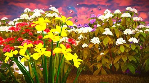 Summer wildflowers on meadow 3d rendering イラスト素材