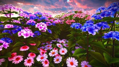 Summer wildflowers on meadow 3d rendering Stock Illustration