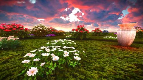 Summer wildflowers on meadow 3d rendering Stock Illustration