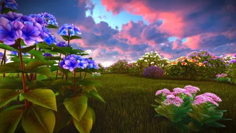 Summer wildflowers on meadow 3d rendering Stock Illustration