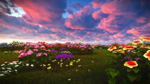 Summer wildflowers on meadow 3d rendering Stock Illustration