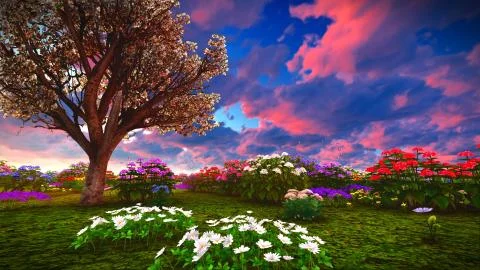 Summer wildflowers on meadow 3d rendering Stock-Illustration