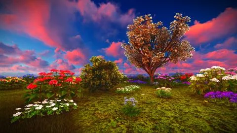 Summer wildflowers on meadow 3d rendering Stock Illustration