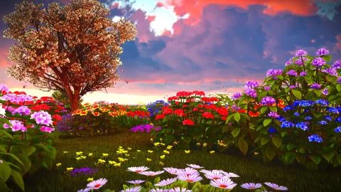 Summer wildflowers on meadow 3d rendering Stock Illustration