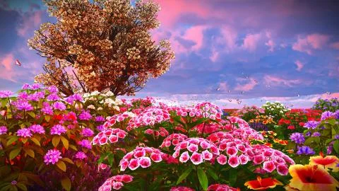 Summer wildflowers on meadow 3d rendering Stock Illustration