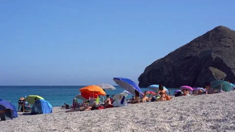 Summer windy day on playa de los muertos beach, static Video stock 280742462
