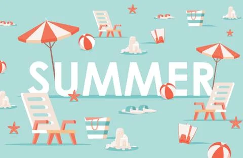 Summer word flat banner template. Summertime leisure, seasonal recreation, beach Stock Illustration