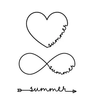 Summer - word with infinity symbol, hand drawn heart, one black arrow line Stock Illustration