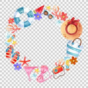 Summer wreath with beach items for tourism and recreation. Hand drawn watercolor Иллюстрация