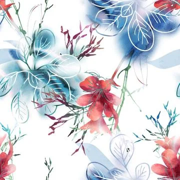 Summer,Flowers,Seamless,Pattern.,Watercolor,Background. イラスト素材