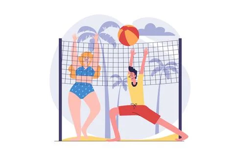 Summertime concept in modern flat design for web. Man and woman playing beach Stock Illustration