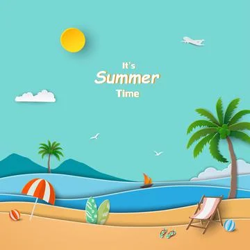 Summertime concept on paper cut style,sea landscape on blue sky with beach,wa Stock Illustration