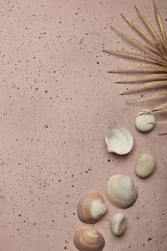 Summertime elegance on pink sand, featuring golden accents and copy space Stock Photos