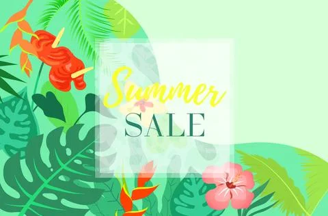 Summertime framed template with tropical plants and flowers background Illustrazione stock