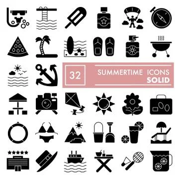 Summertime glyph icon set, vacation symbols collection, vector sketches, logo Stock Illustration