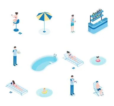 Summertime leisure isometric vector illustrations set. Tourists, bartender and Stock Illustration