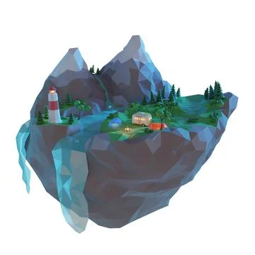 Summertime outdoor activity concept. 3d low poly campsite, a tent, bonfire. Stock Illustration