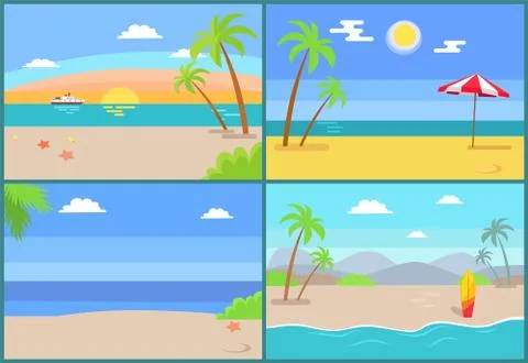 Summertime Paradise Set of Vector Sandy Beaches Illustrazione stock