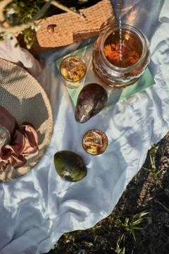 Summertime picnic setting on the grass.. Stock Photos