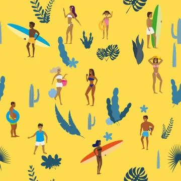 Summertime seamless pattern. People having fun on the beach, relaxing and Stock Illustration