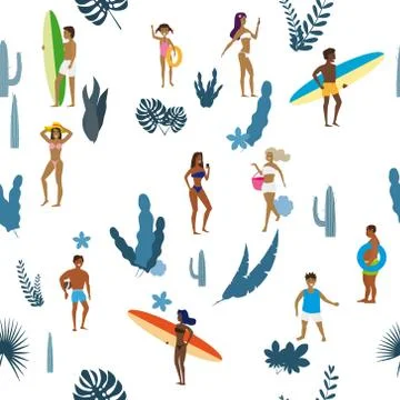 Summertime seamless pattern. People having fun on the beach, relaxing and Stock Illustration