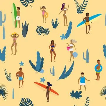 Summertime seamless pattern. People having fun on the beach, relaxing and Stock Illustration