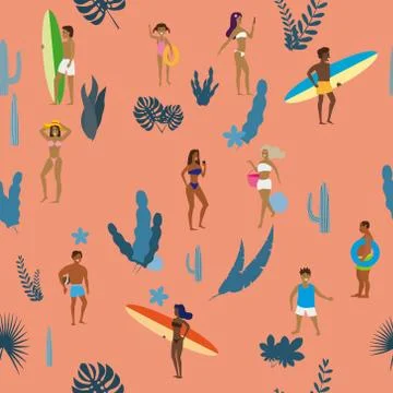 Summertime seamless pattern. People having fun on the beach, relaxing and Stock Illustration