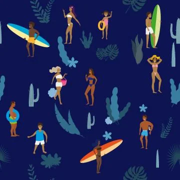 Summertime seamless pattern. People having fun on the beach, relaxing and Stock Illustration