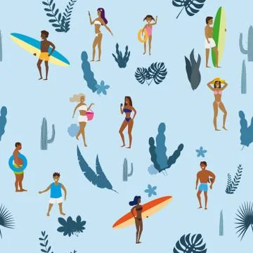 Summertime seamless pattern. People having fun on the beach, relaxing and Stock Illustration
