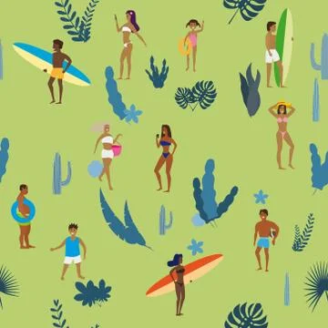 Summertime seamless pattern. People having fun on the beach, relaxing and Stock Illustration