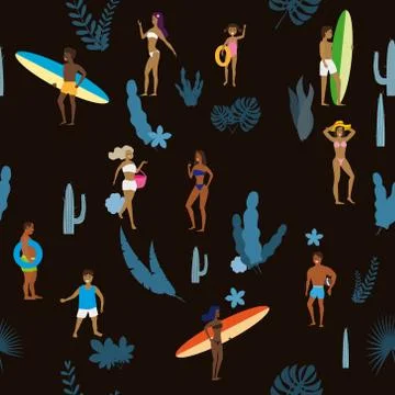 Summertime seamless pattern. People having fun on the beach, relaxing and Stock Illustration