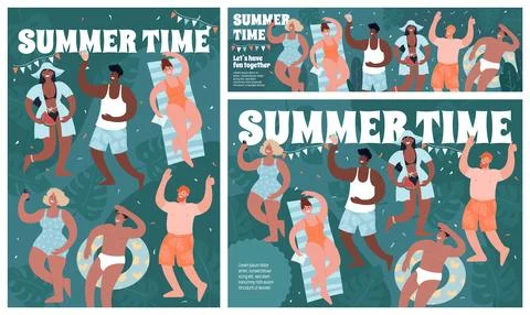 Summertime set of banners and posters. Beach or pool party. Diverse people in Stock Illustration