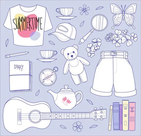 Summertime set with different vacation elements Stock Illustration