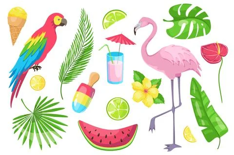 Summertime set graphic elements in flat design. Bundle of ice cream, parrot.. Stock Illustration