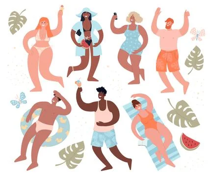 Summertime Sticker set. Beach or pool party. Diverse people in swimsuits have Stock Illustration
