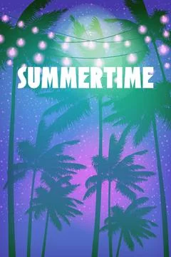 Summertime Sunset Beach Template Design Palms Poster, Flyer. Stock Illustration